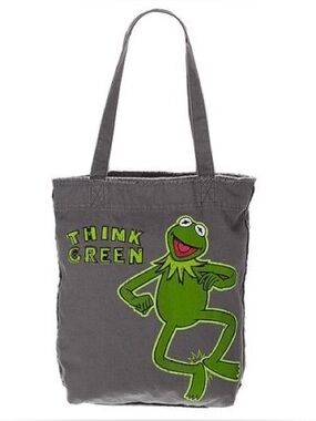 Vintage Kermit the Frog Think Green Tote Bag Grey Distressed Edge Muppets 2005